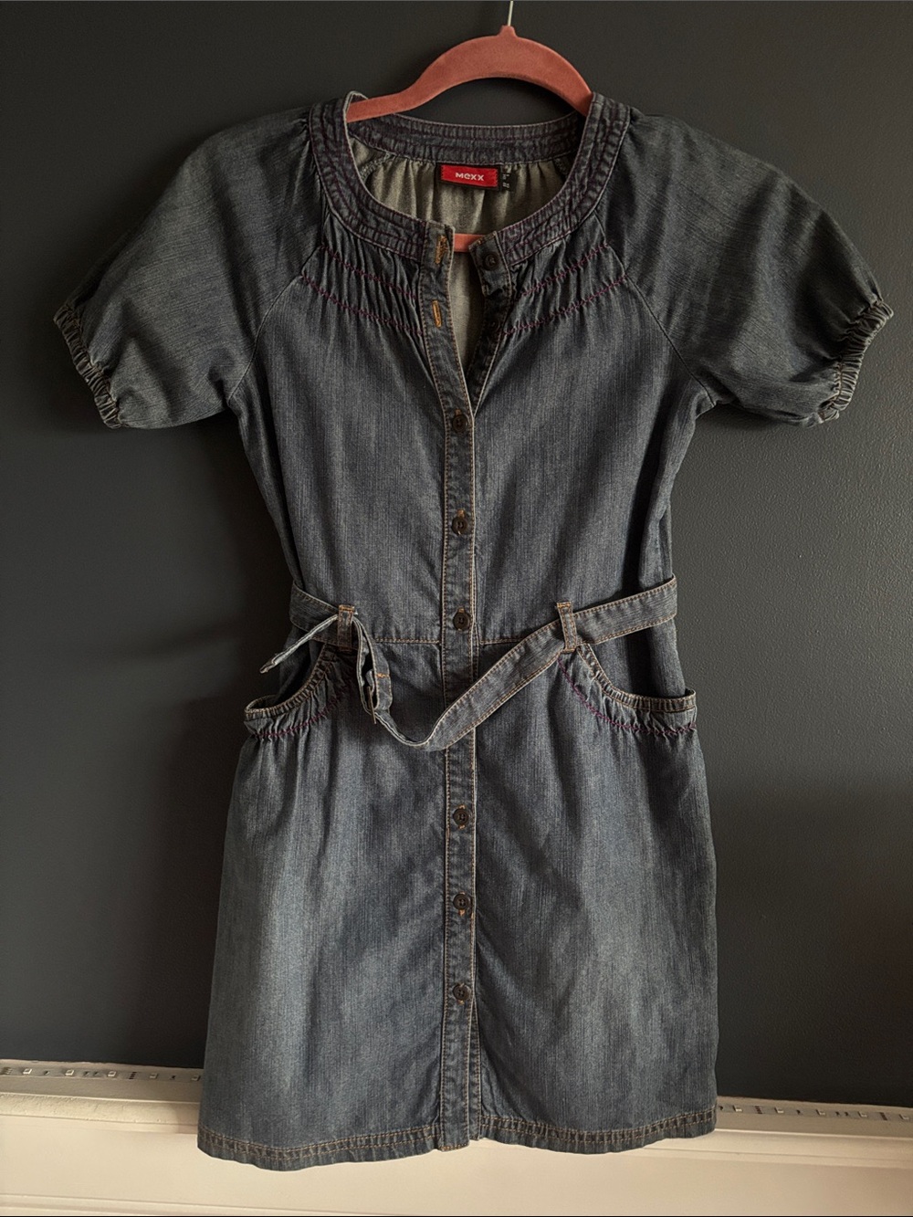Mexx Dark Denim Short-Sleeve Button Dress with Tie Belt